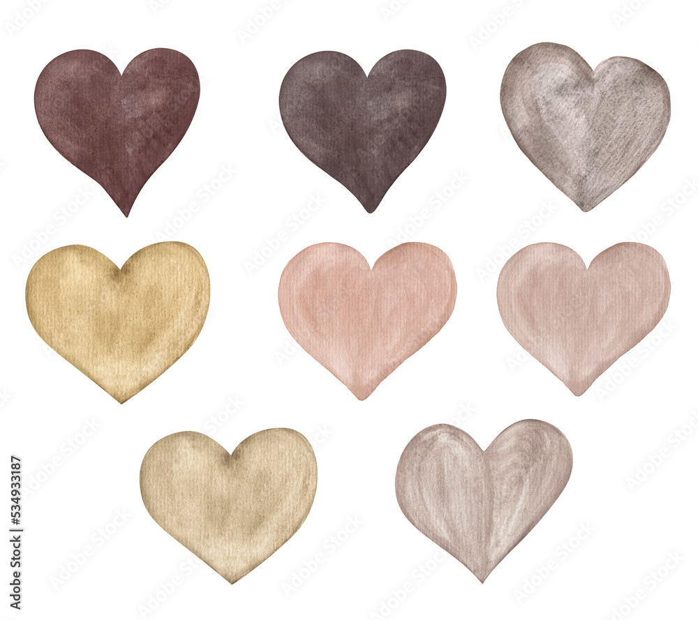 Watercolor set of brown hearts, isolated on transparent background 