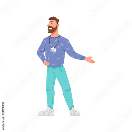 Exhibition guide or businessman with badge on neck pointing aside. Isolated personage smiling and talking, presentation or museum. Flat cartoon character, vector in flat style