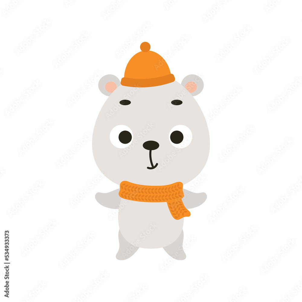 Cute little polar bear in hat and scarf. Cartoon animal character for kids t-shirts, nursery decoration, baby shower, greeting card, invitation, house interior. Vector stock illustration Cute little polar bear in hat and scarf. Cartoon animal character for kids t-shirts, nursery decoration, baby shower, greeting card, invitation, house interior. Vector stock illustration