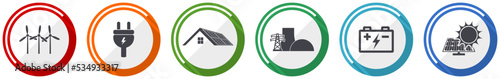 Renewable energy icon set, electricity flat design vector illustration in 6 colors options for webdesign and mobile applications