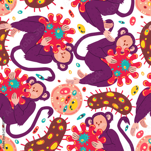 Monkey pox. Vector illustration epidemic virus. Microbes close up. Infectious disease. Pattern. Light background, wallpaper, cartoon style © HikaruD88