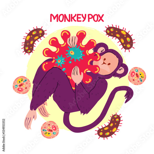 Monkey pox. Vector illustration epidemic virus. Microbes close up. Infectious disease. Sticker  patch  logo design  t-shirt print