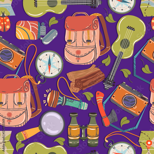 Vector illustration. Summer camp. Composition with various travel items. Pattern. Dark background, wallpaper, cartoon style