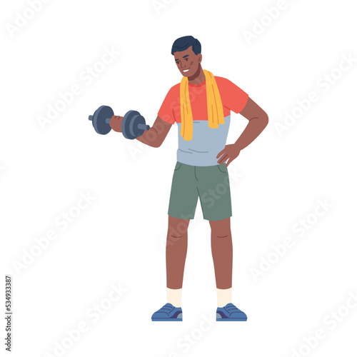 Working out male personage lifting dumbbells, isolated guy in gym doing exercises and growing biceps and muscles. Flat cartoon character, vector in flat style