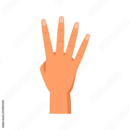Number four, isolated hand gesture showing digits. Counting or enumerating, nonverbal communication and symbols. Fingers up front side. Vector in flat style