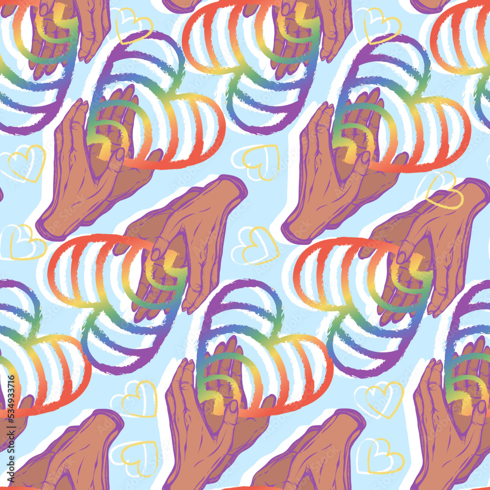 Vector illustration. Hands holding hearts LGBT rainbow. Pattern. Light background, wallpaper