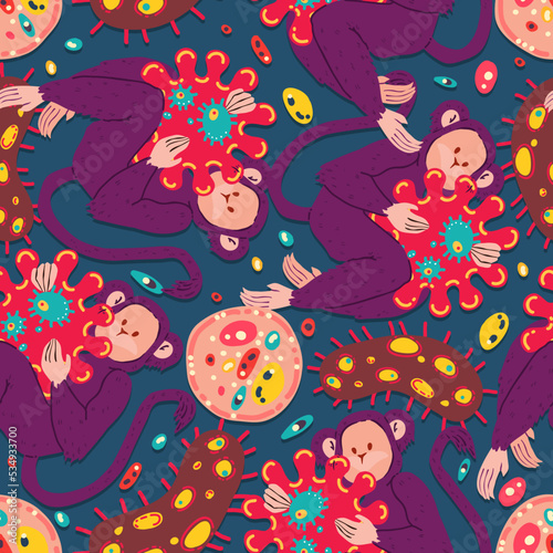 Monkey pox. Vector illustration epidemic virus. Microbes close up. Infectious disease. Pattern. Dark background, wallpaper, cartoon style