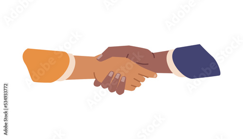 Handshake gesture of business workers, partners or friends. People shaking hands, greeting or making agreements at work, successful deal. Vector in flat style