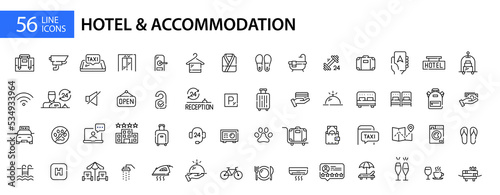 56 hotel and accommodation icons. Travel lodgings. Pixel perfect, editable stroke
