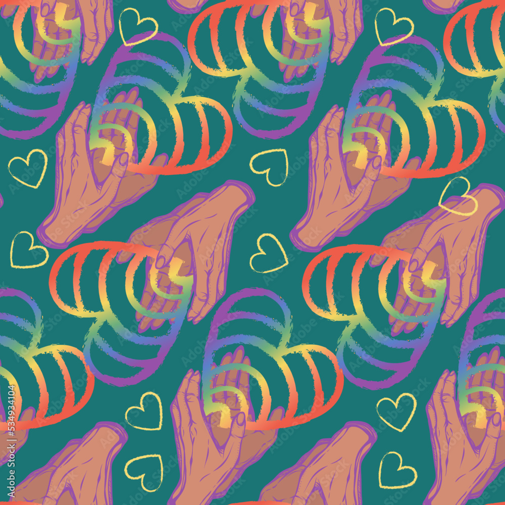 Vector illustration. Hands holding hearts LGBT rainbow. Pattern. Dark background, wallpaper