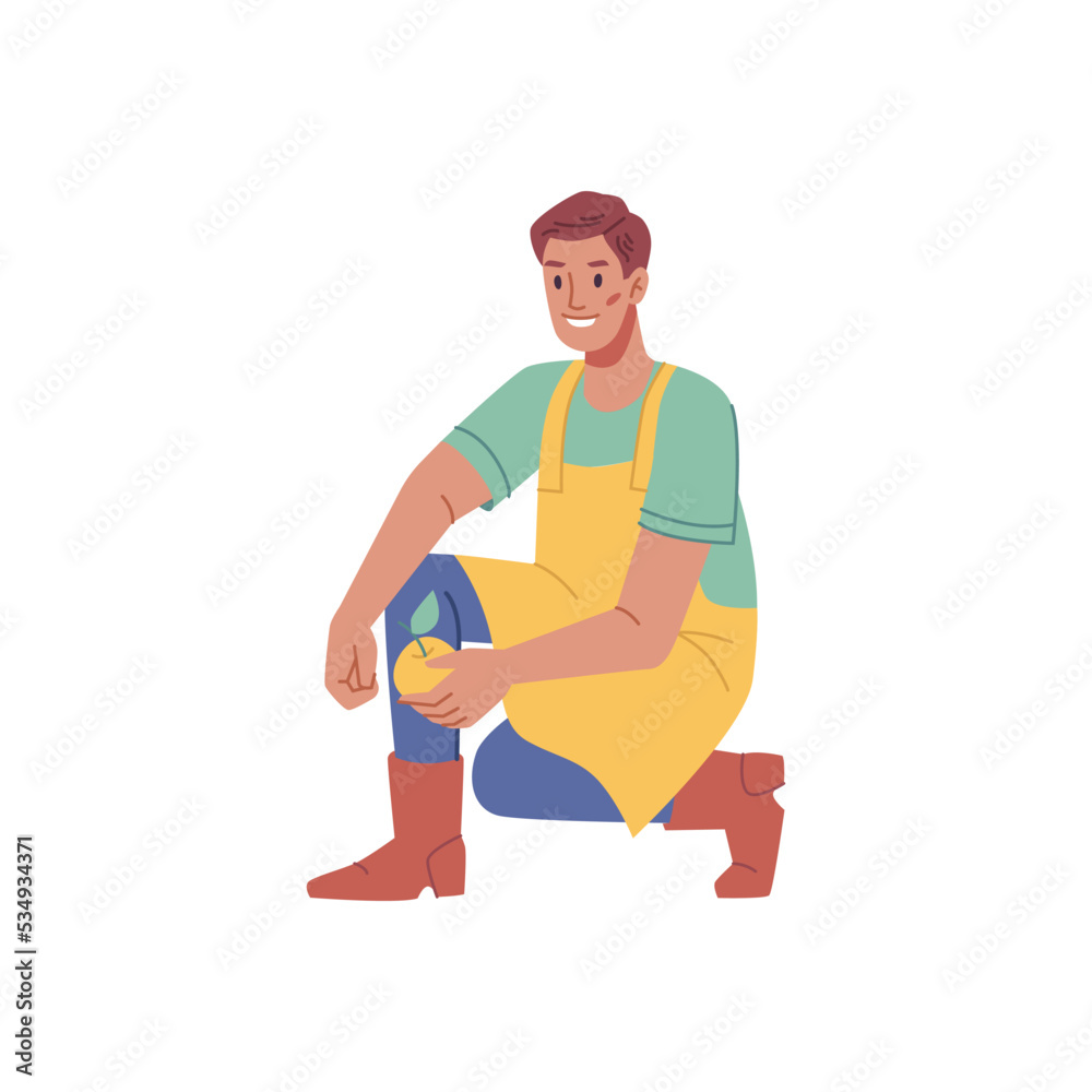 Farmer with ripe apple in hands, isolated harvesting male character working in garden picking fruits. Agriculture and farm business. Vector in flat cartoon style