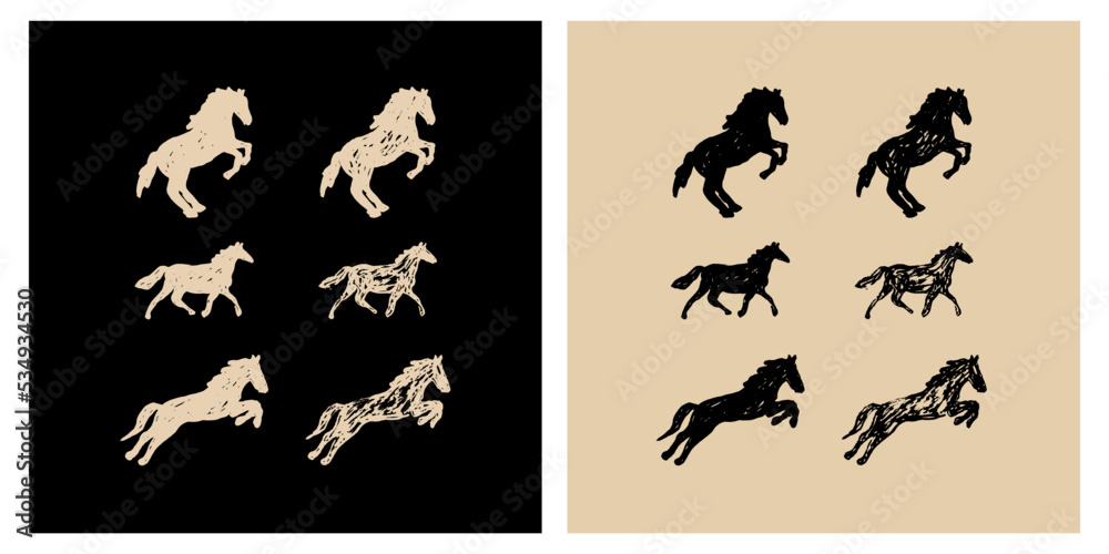 Horse brush chalk doodle sketch illustration set Horse brush chalk doodle sketch illustration set