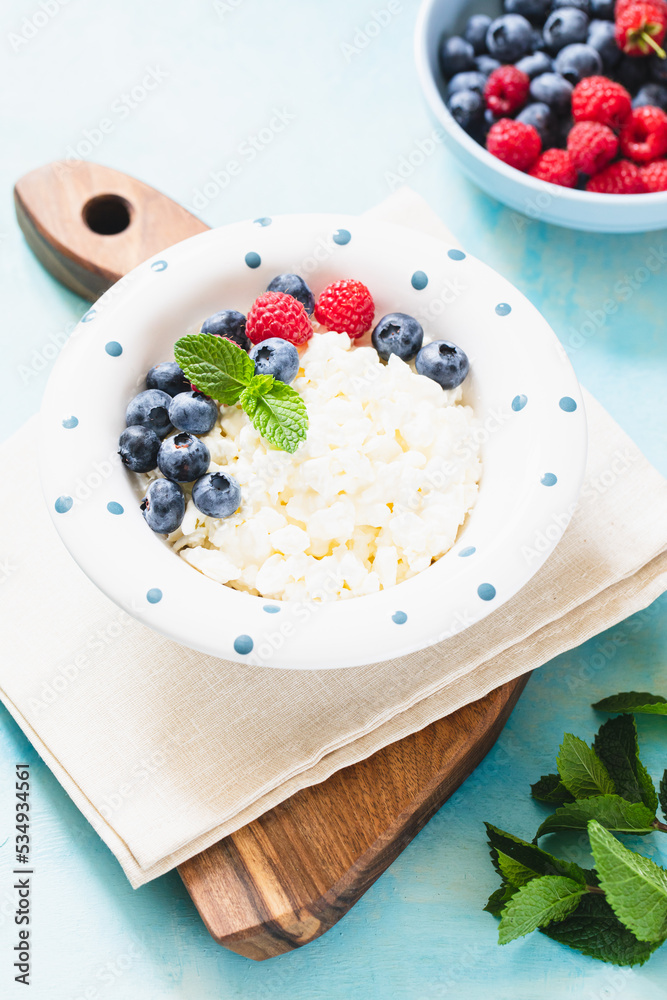 Homemade Cottage cheese with berries and mint. Cottage cheese in a bowl. Dairy products.