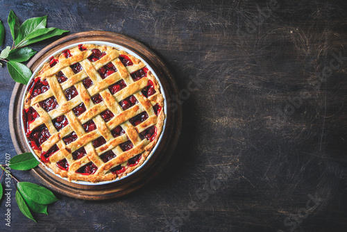 Tasty homemade American cherry pie. Delicious Homemade Cherry Pie with a Flaky Crust