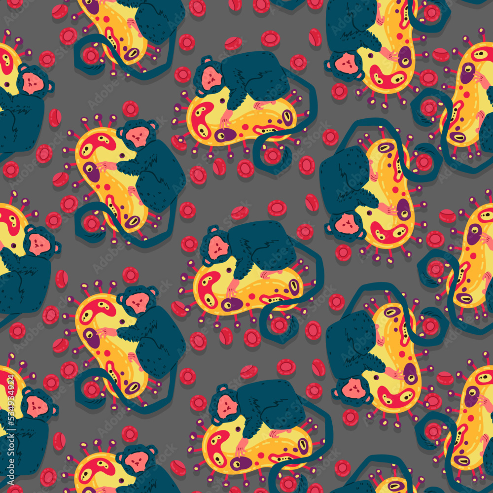 Monkey pox. Vector illustration epidemic virus. Microbes close up. Infectious disease. Pattern. Grey background, wallpaper, cartoon style Monkey pox. Vector illustration epidemic virus. Microbes close up. Infectious disease. Pattern. Grey background, wallpaper, cartoon style