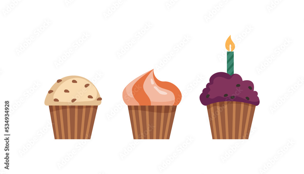 Birthday cake and desserts for celebration of holiday. Isolated sweet muffins with cream and burning candle for making wish. Vector in flat cartoon style