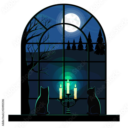 Window view of the landscape with two black cats silhouette on the windowsill cartoon vector illustration.