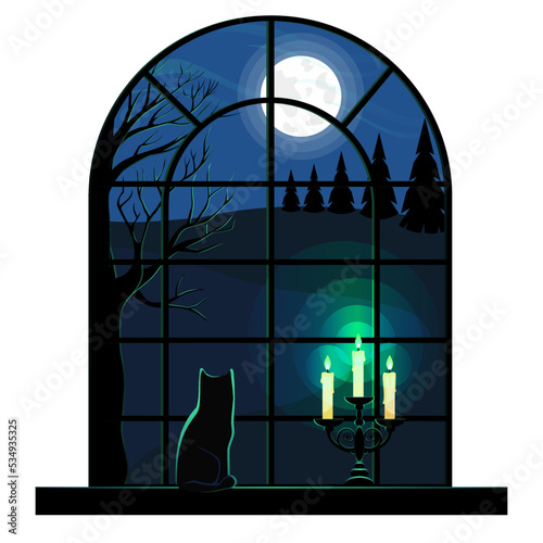 Window view of the landscape with black cat silhouette on the windowsill cartoon vector illustration.