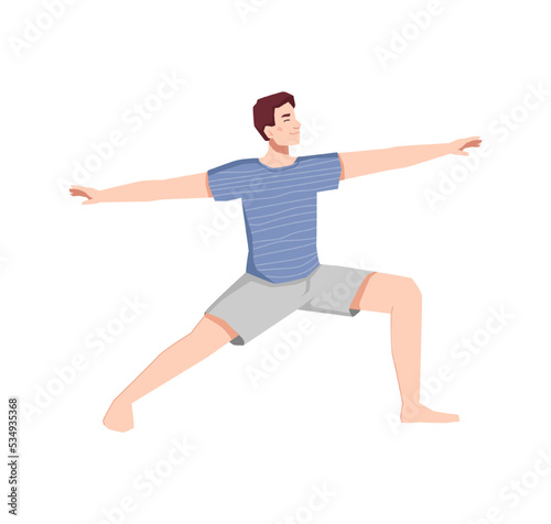 Man character working out and doing exercises to keep fit and lose weight. Isolated male personage growing muscles practicing. Vector in flat cartoon style