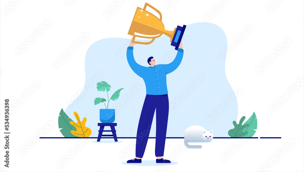 Fototapeta premium Man holding trophy - Winner business person in casual clothes lifting award over head. Cartoon vector illustration in flat design with white background