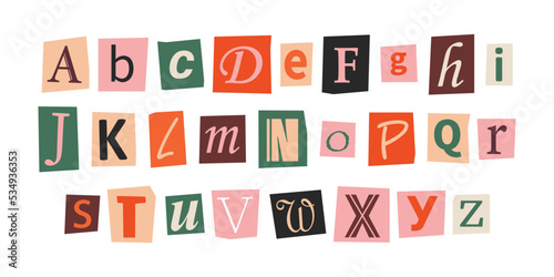 Vector ransom font in y2k style. Letters cut-outs from newspaper or magazine. Retro character set. Criminal alphabet. Ransom colorful text.