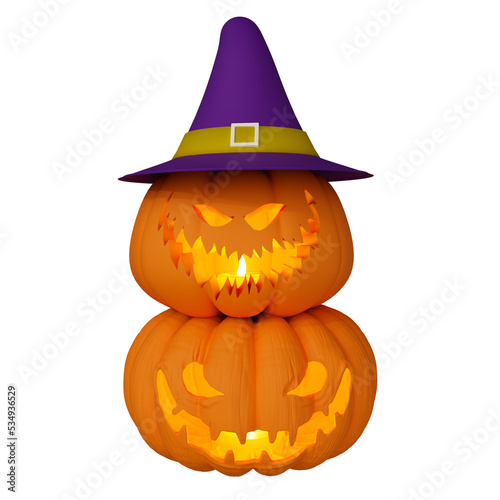 3d illustration of Halloween pumpkin inside candle glowing with hat, Halloween background design element