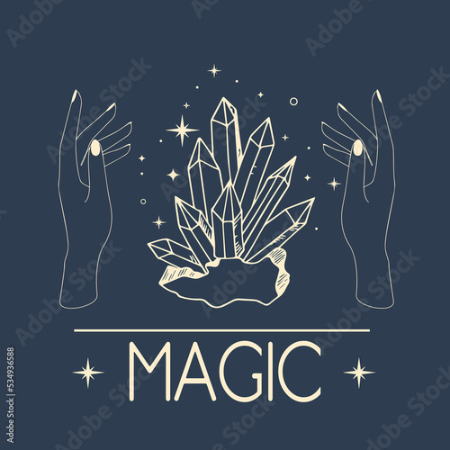 Mystic boho logo, design elements with moon, hands, star, eye. Vector magic symbols isolated on white background