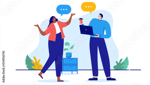 Work talk - Two people chit-chatting and discussing in office being happy and smiling with speech bubble over heads. Cartoon vector illustration in flat design with white background
