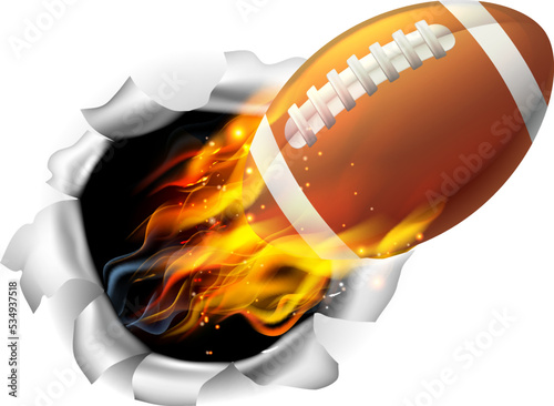 An illustration of a burning flaming American Football ball on fire tearing a hole in the background