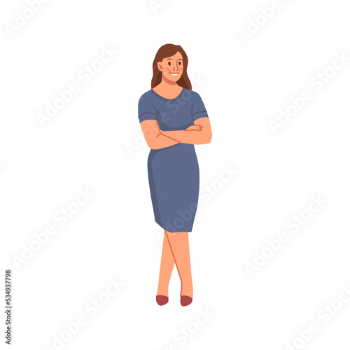 Business woman wearing formal dress, crossing hands on chest and smiling. Partner or worker, employee or director of firm. Vector in flat cartoon style
