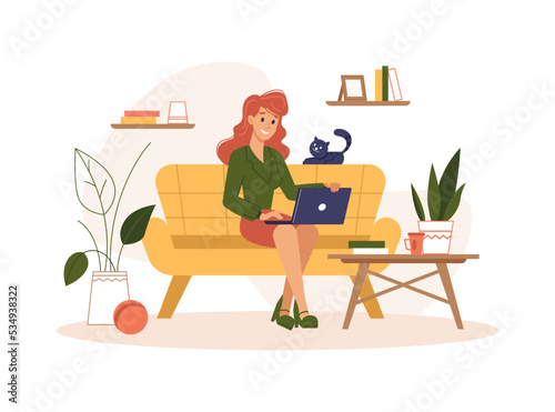 Freelancer or distant worker using the computer for work. Female character sitting on couch with cat using laptop for fun. Vector in flat cartoon style