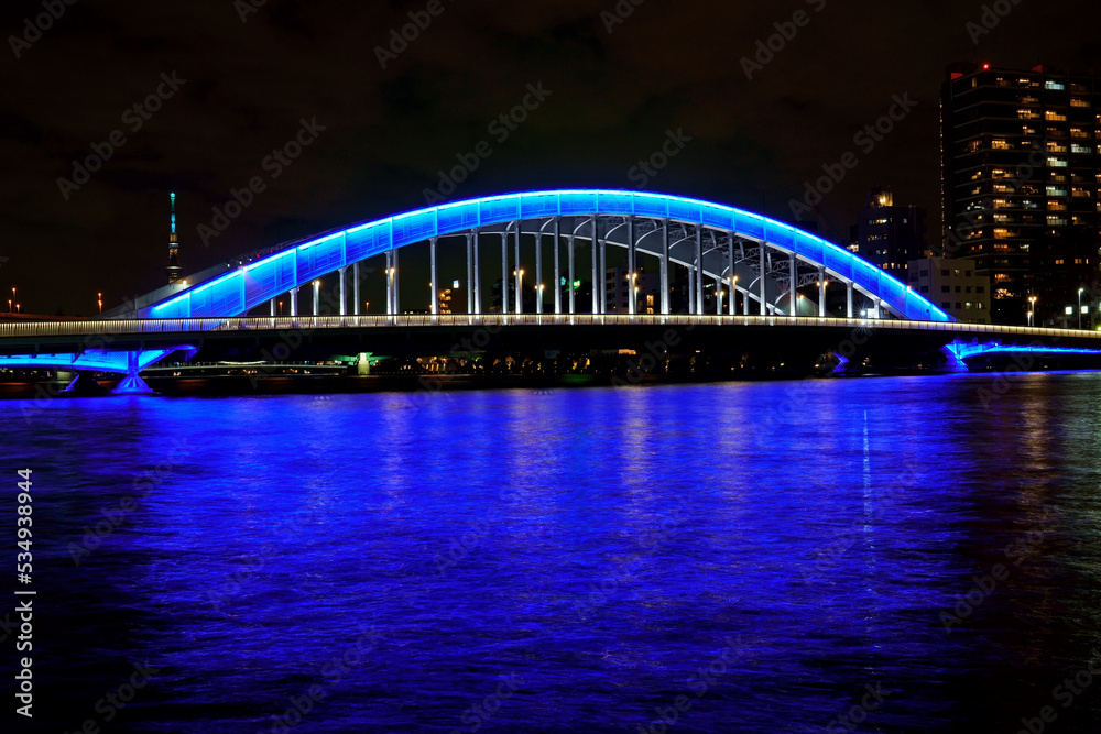 Naklejka premium 雄大なブルーのアーチが圧倒的な永代橋のライトアップ