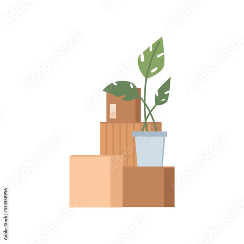 Packed cardboard boxes with personal stuff, plants, home decoration and furniture isolated flat cartoon of pack with things. Vector relocation or moving in home or office, belongings in packages