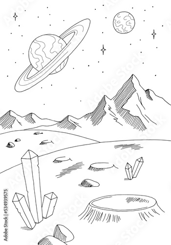 Alien planet graphic black white space landscape vertical sketch illustration vector 