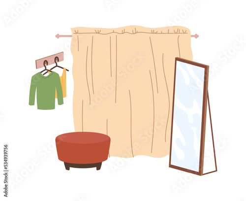 Fitting or changing room in shop or clothes store for women. Isolated place to try on apparel. Full length mirror and puff, hangers and curtain. Vector in flat cartoon style