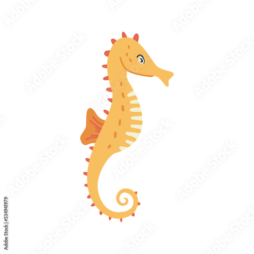 Seahorse marine fish with segmented body armor. Isolated underwater animals and fauna of sea or oceans. Creature dwelling in water. Vector in flat cartoon style
