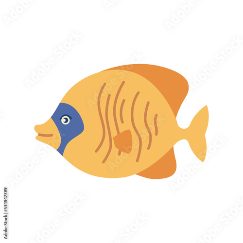 Fish with yellow and blue colors, underwater animals and sea life. Marine creature and water dwellers, oceanic environment. Vector in flat cartoon style