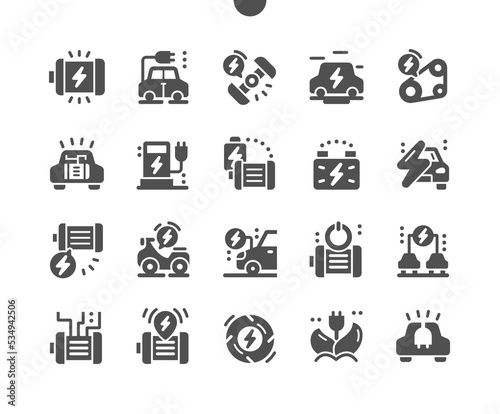 Electrical engine. Electric motor and car. Timing belt. Eco car. Industrial engineering. Vector Solid Icons. Simple Pictogram