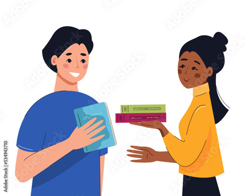 Happy smiling People exchange books. Concept of books, education, reading, development. Isolated vector illustration.