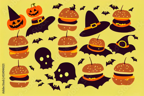 Scary Halloween background for fast food with hamburgers and scary pumpkins