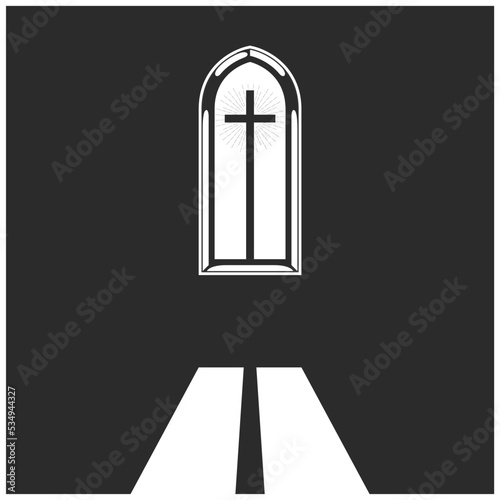 Church window with crucifix and holy light, liturgical prayer and divine worship, vector