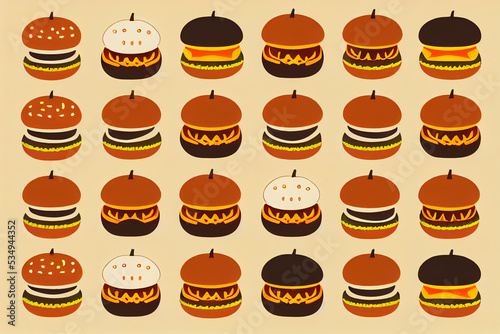 Halloween background for fast food with pumpkin burgers