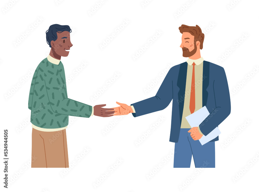 Boss and employee giving handshake, isolated people greeting or making agreement. Partners or colleagues collaboration. Personage or character, vector in flat cartoon style Boss and employee giving handshake, isolated people greeting or making agreement. Partners or colleagues collaboration. Personage or character, vector in flat cartoon style