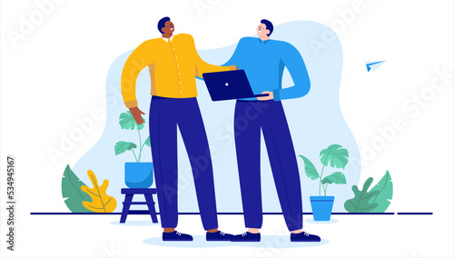 Work friendship - Two people of different ethnicities in office being friends. Cartoon vector illustration in flat design with white background