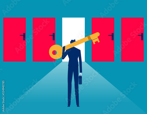 Businessman with key open door. Business successfully vector illustration