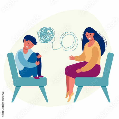A psychologist girl is having a conversation with a sad child who is confused. Mental health, autism.