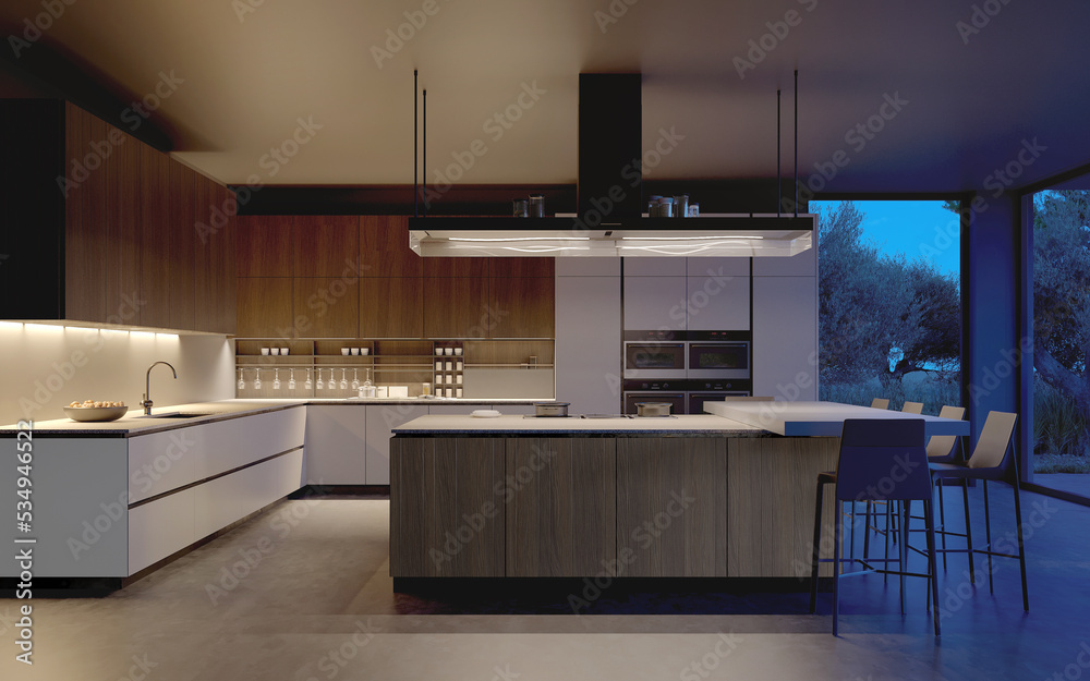 3d rendering of a white and wood modern minimal kitchen with an island ...