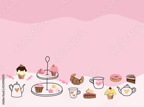 Afternoon tea set with cakes, doodle sketch hand drawn vector design.