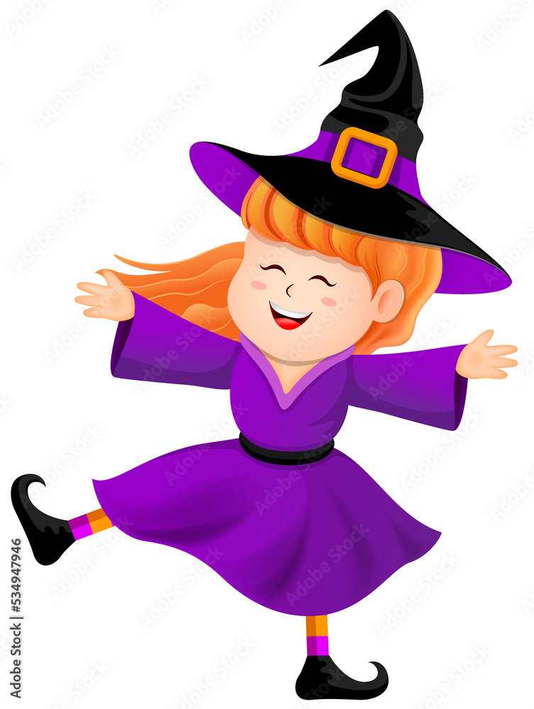 Happy cute cartoon witch girl character. Witchcraft and magic. Happy halloween concept illustration.