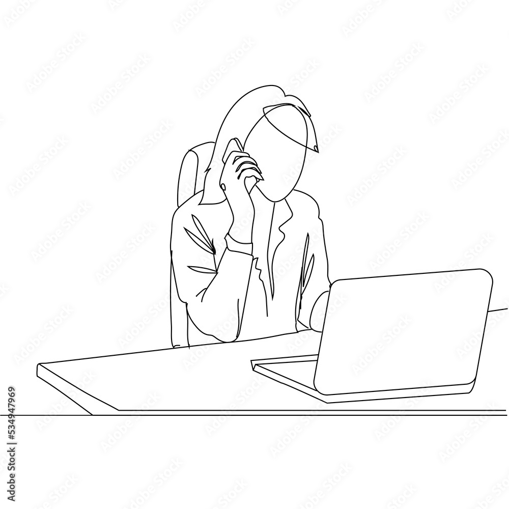 Continuous one line drawing of young female employee holding smartphone and reading business report on laptop. Business concept continuous line draw design vector illustration Continuous one line drawing of young female employee holding smartphone and reading business report on laptop. Business concept continuous line draw design vector illustration